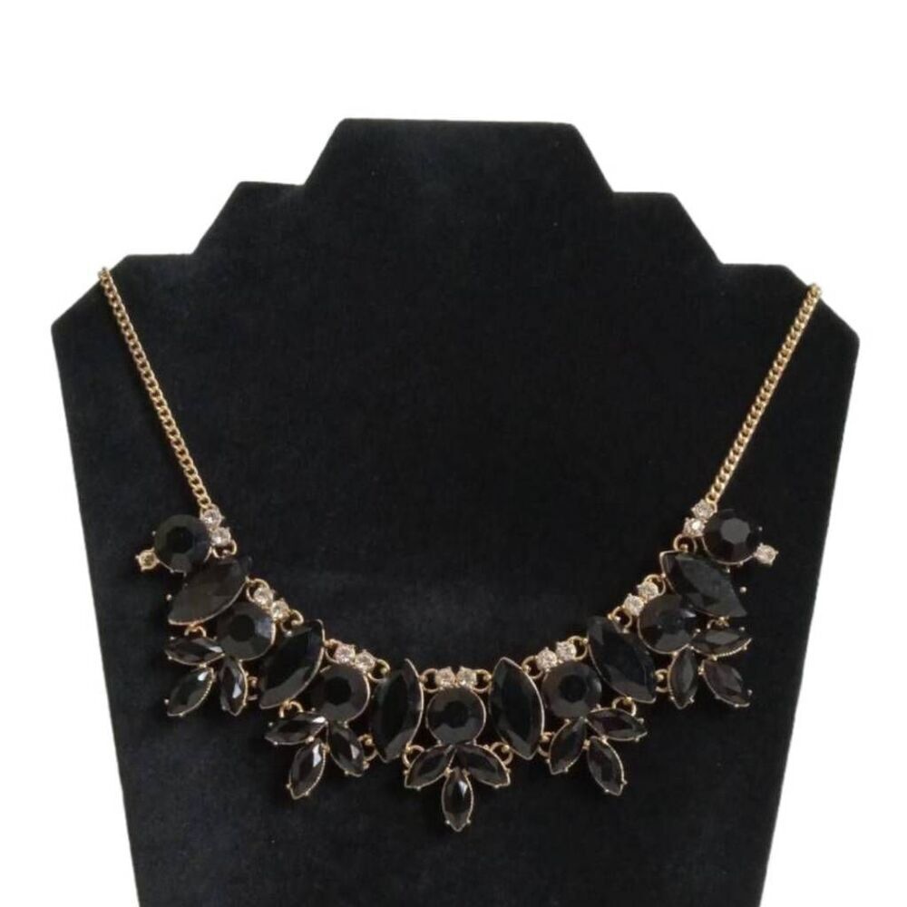 Black Rhinestone Flowers Gold Toned Curb Link Chain Bib Style Statement Necklace